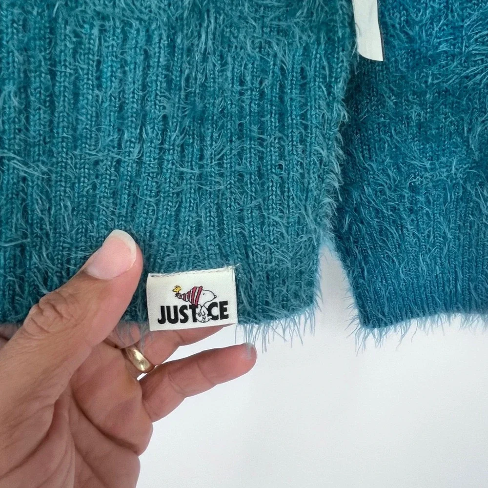 Justice Woodstock Peanuts Hoodie Sweater Girls XS 5/6 Sea Blue Fuzzy Holiday